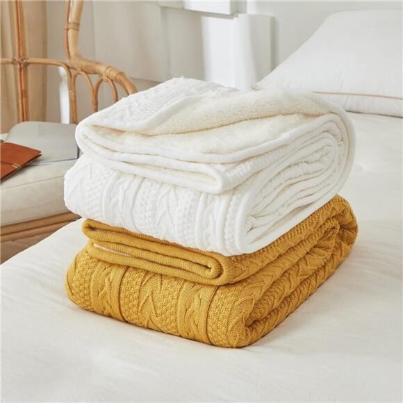 Acrylic White Cable Knit Sherpa Throw Blanket Thick, Soft, Big, Cozy Ivory White - Picture 5 of 7